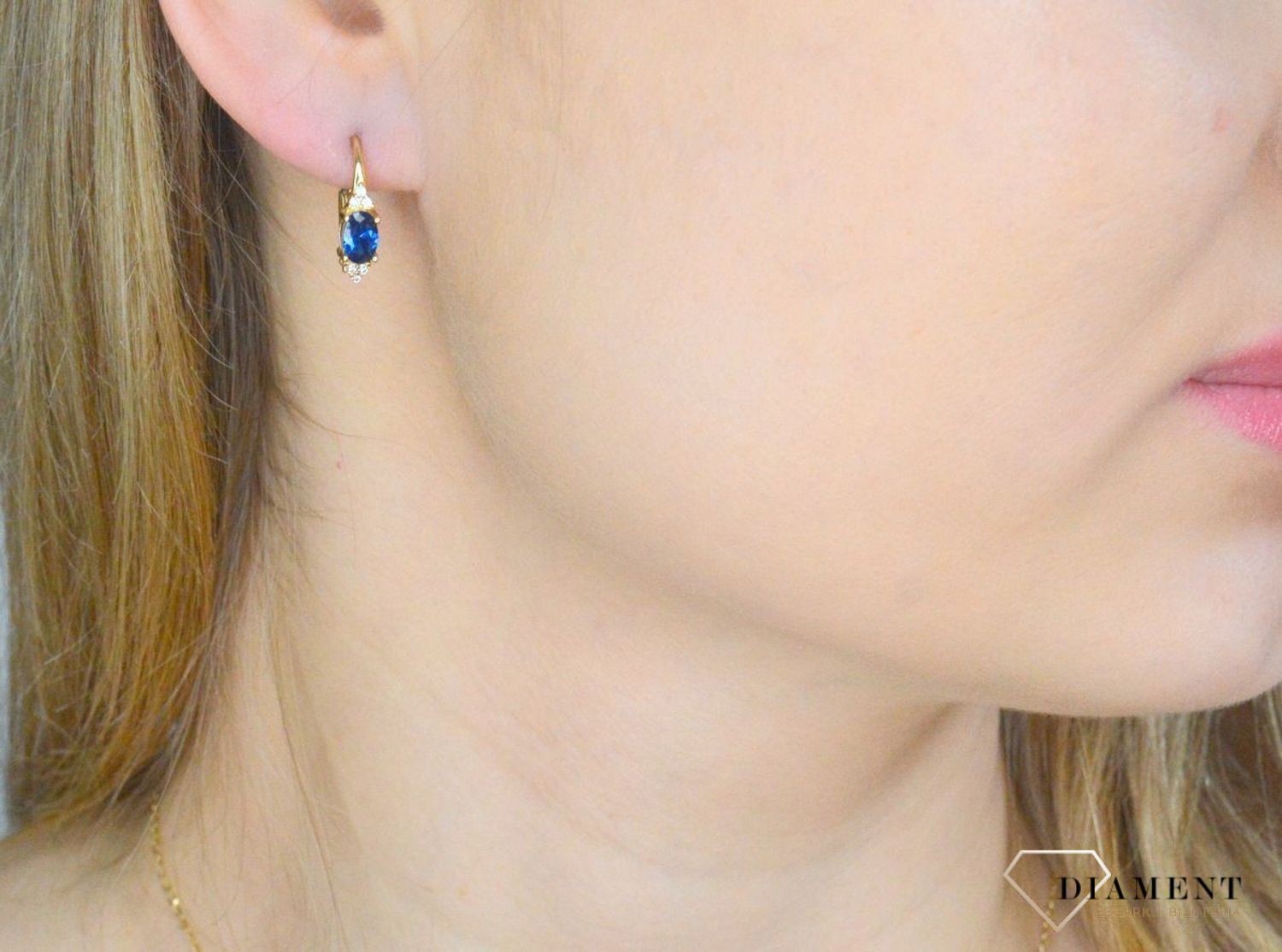 Złote kolczyki damskie 585 niebieska cyrkonia KL 9124A.jpg